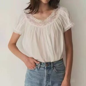 Doen Caprice Lace-Trim White Peasant Blouse S